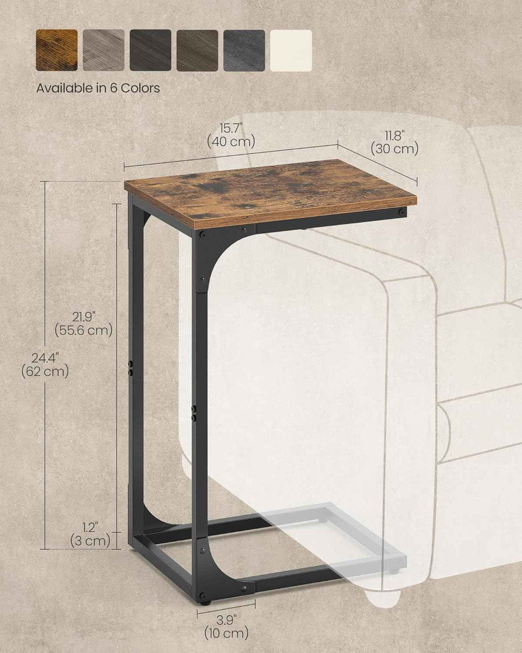 VASAGLE C-Shaped End Table, Small Side Table for Couch, Sofa Table with Metal Frame for Living Room, Bedroom, Bedside, Rustic Brown and Black