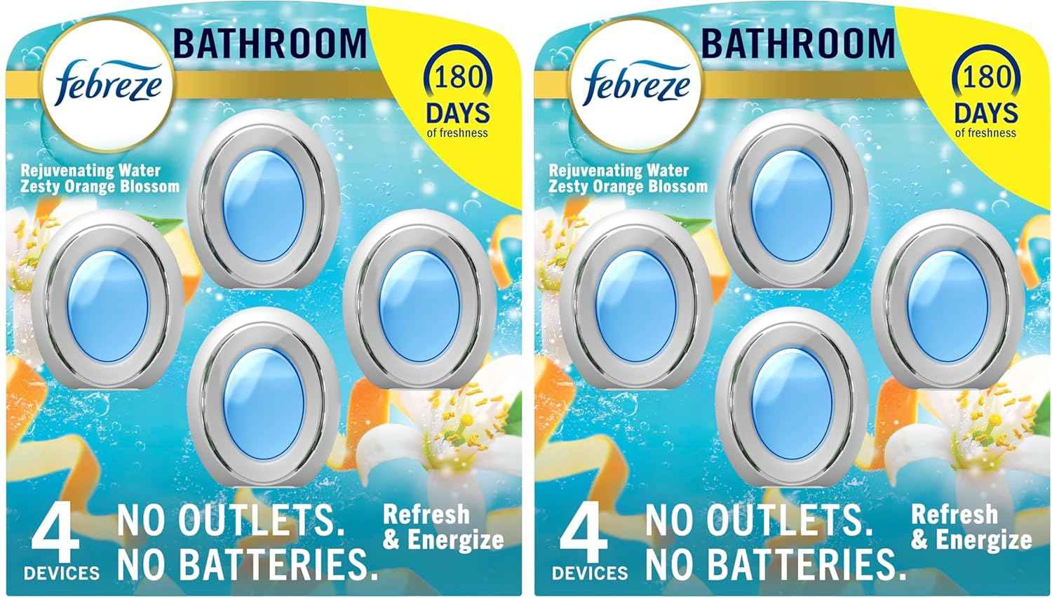 Febreze Bathroom Air Freshener, Odor-Fighting, Plug In Alternative, Air Fresheners for Home, Bathroom, & Kitchen, Closet Air Fresheners, Pet & Litter Box Odor Fighter, Refresh & Energize Scent, 4ct