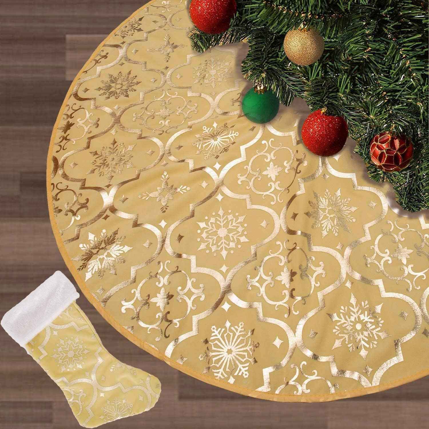 Flash World 48 Inch Large Christmas Tree Skirt Xmas Soft Cover Mat Decor Snowflake Collar Farmhouse Tree Skirt for Holiday Ornaments Party Home Indoor Decorations (Red, 48INCH)