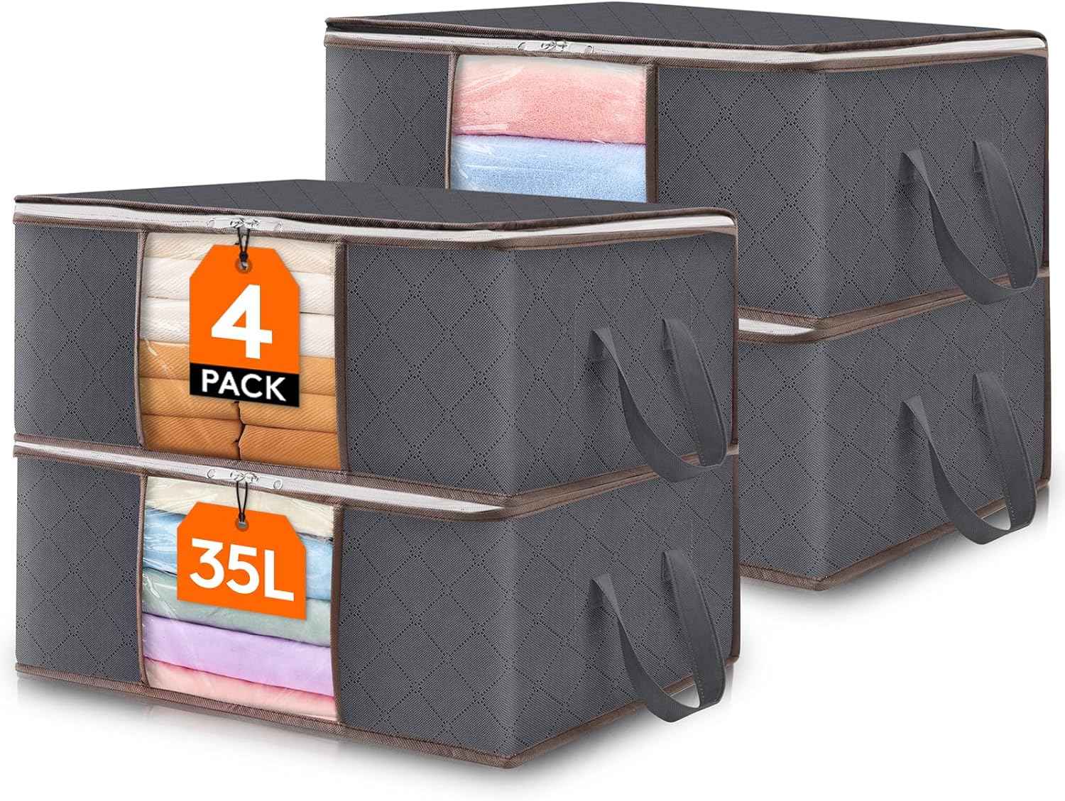 Lifewit 6 Pack Clothes Storage Bins with Lids, Foldable Blanket Storage Bags with Zippers, Clear Window and Reinforced Handles, Closet and Organization for Clothing, Sweater, Comforter, Bedding, Gray