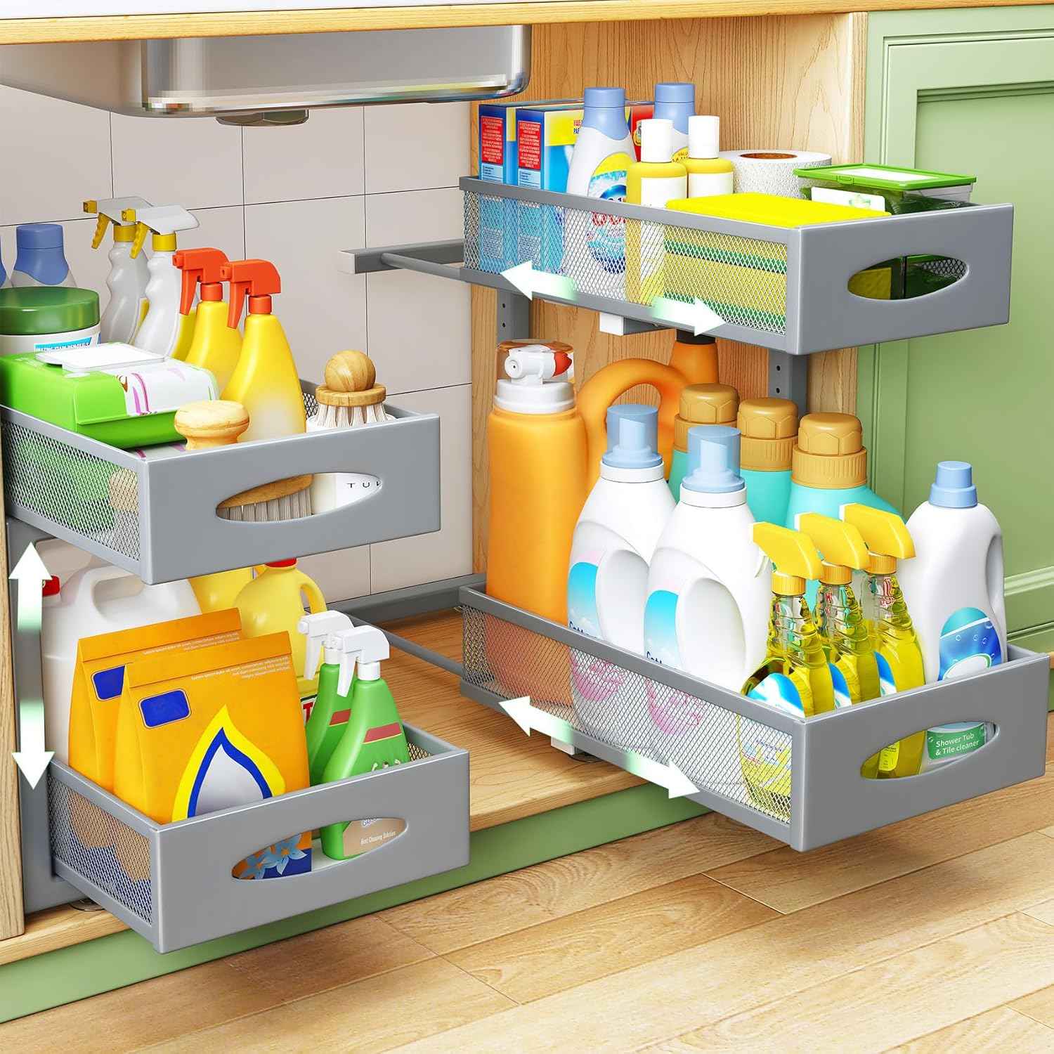 Under Sink Organizer, 2 Tier Pull out Cabinet Organizer Baskets with Mesh Sliding Drawers, Slide out Storage Shelf for Home, Kitchen, Bathroom, Pantry, Office Cabinet, Countertop(1 Pack)