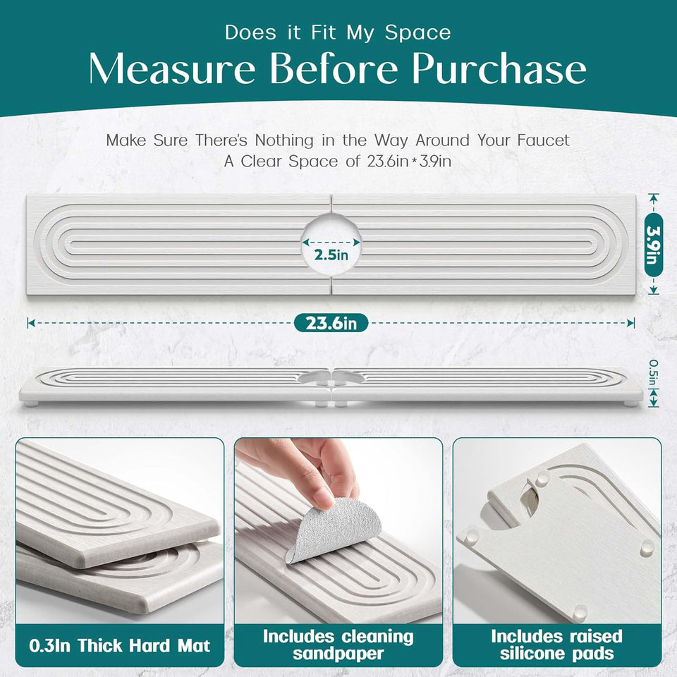 Eormoe Faucet Mat for Kitchen Sink – Diatomite Stone Drying Mat & Sink Protectors, Prevent Moisture – Sink Splash Guard Water-Absorbing Stone Tray for Kitchen Counter Decor (Light Grey, 23.6" x 3.9")