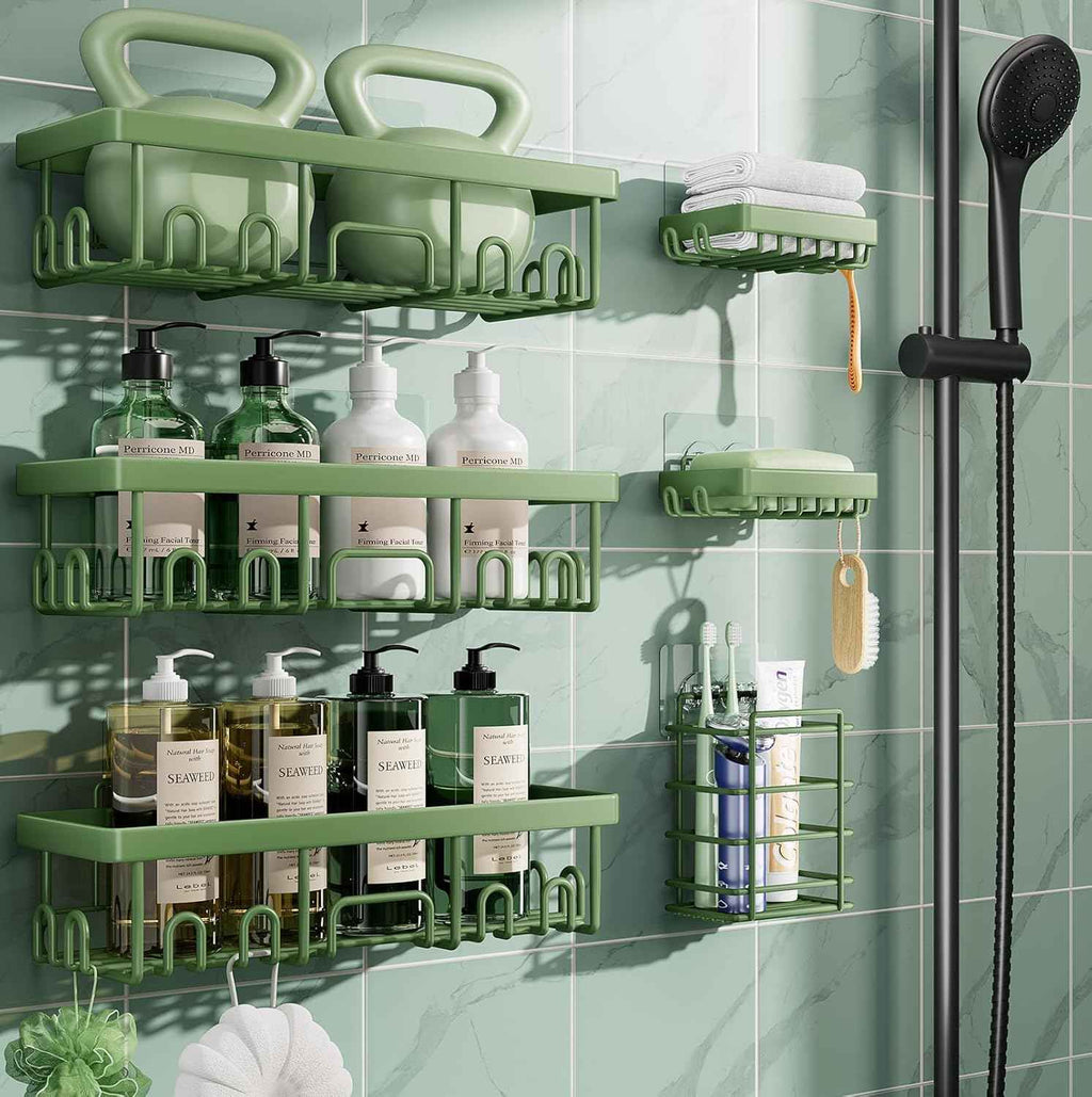 Veken Shower Caddy 6-Pack, Advanced Rustproof Design, No Drilling Adhesive Shelves, Rack with Soap Holder, Large Capacity Bathroom Organizers and Storage, Wall-Mounted Kitchen & Home Decor