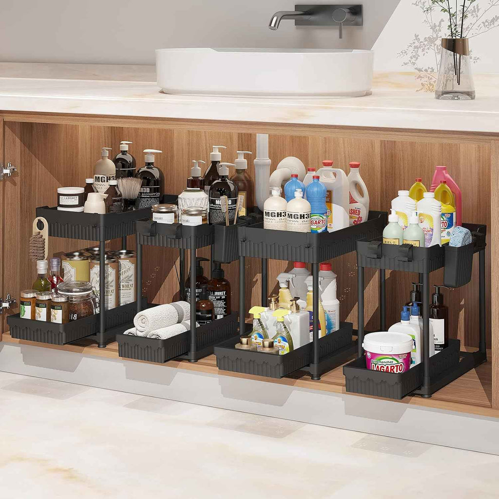 4-Pack Under Sink Organizer: 2-Tier Pull-Out Cabinet Storage with Hooks