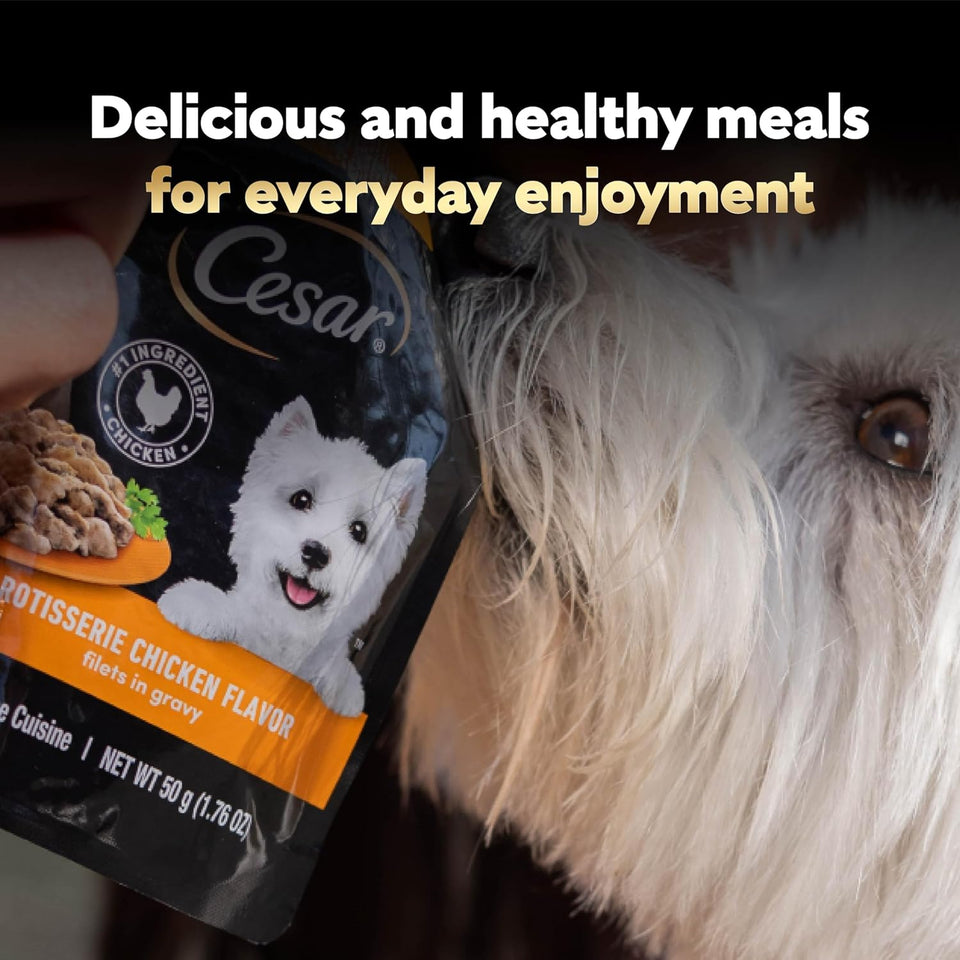 cesar filets in gravy wet dog food rotisserie chicken flavor, filet mignon flavor, and wood-grilled chicken variety pack for adult dogs