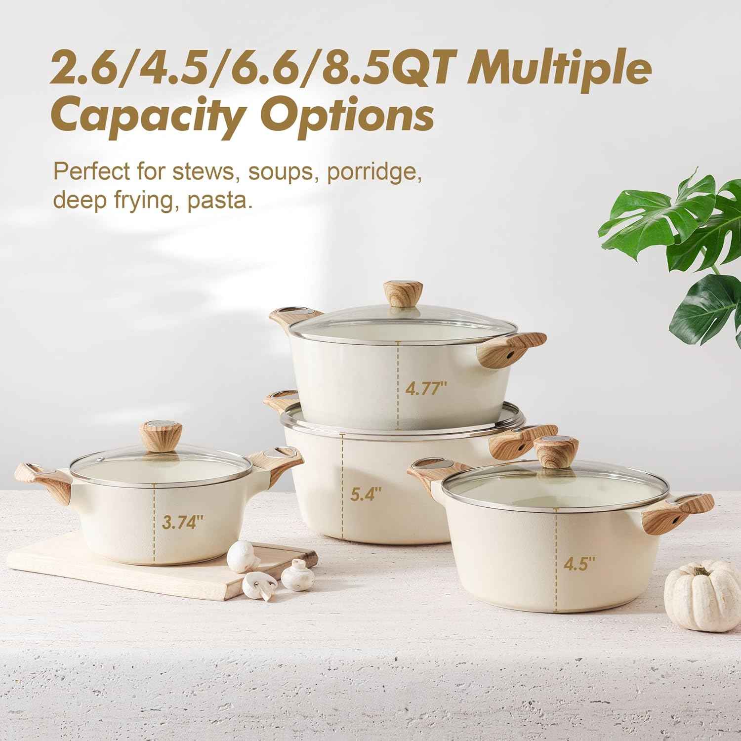 SENSARTE Ceramic Nonstick Stock Pot with Lid, 2.6/4.5/6.6/8.5 QT, PFOA PFAS PTFE Free, Induction Compatible, White, Large Cooking