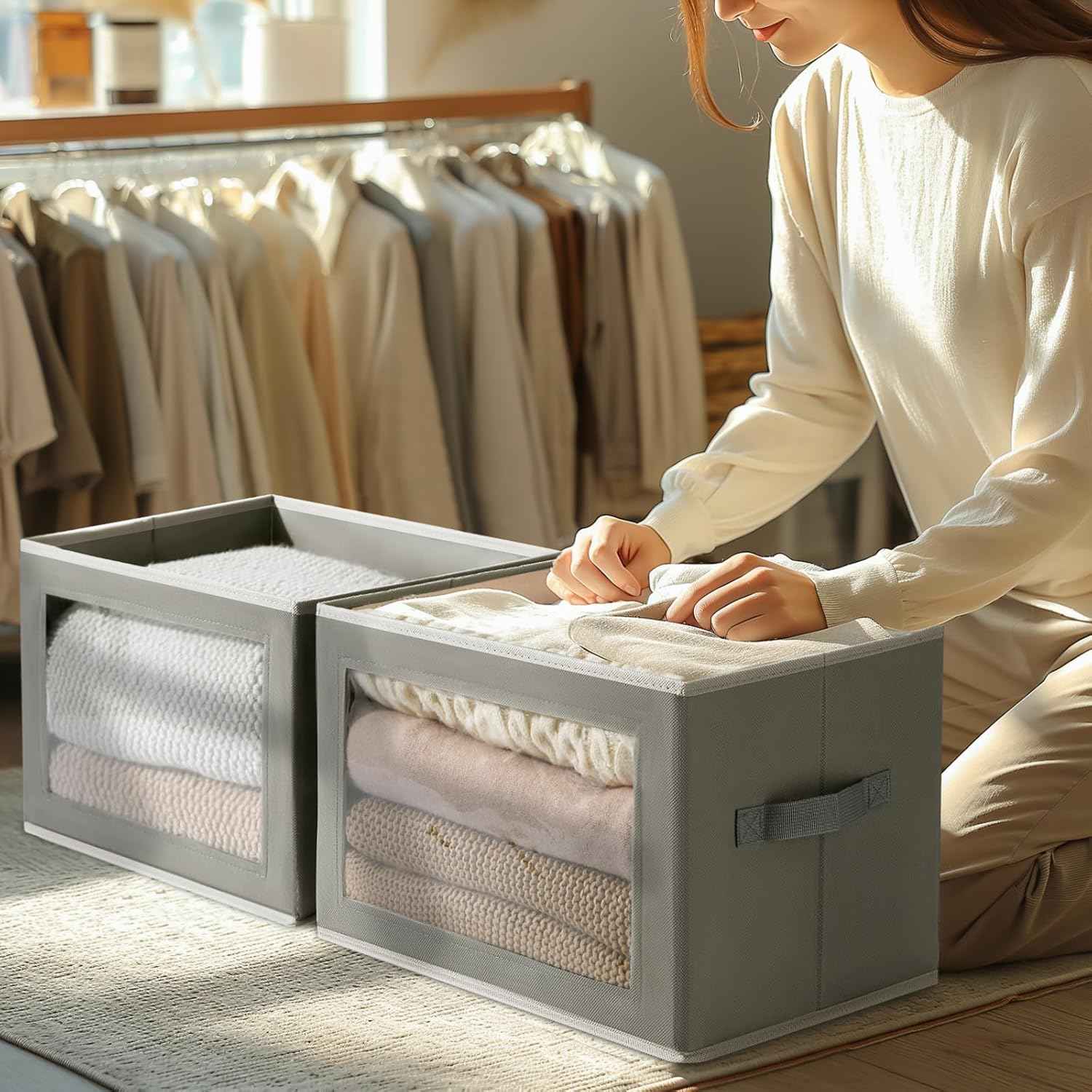 Grey 4 Pack Collapsible Fabric Storage Bins with Lids for Shelves, Closet, Office Decorative Closet Organizer