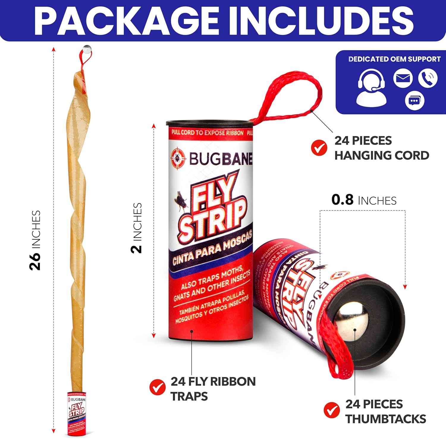 Bugbane Fly Strips Indoor Sticky Hanging 24pk with Pins, Non-Toxic Fly Trap for Home, Flies, Gnat, Fruit Fly, and Housefly.