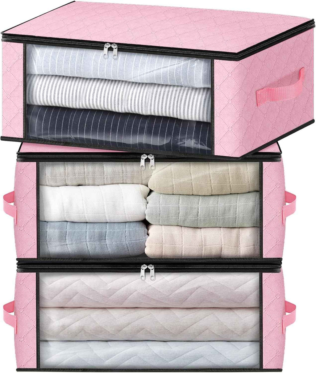 HomeHacks Storage 3-Pack Clothes Organizer Storage Bags Foldable Storage Box with Large Clear Window Sturdy Handles for Closet, Dorm, Pillows, Bedding, Clothes, Blankets, 35L, Gray