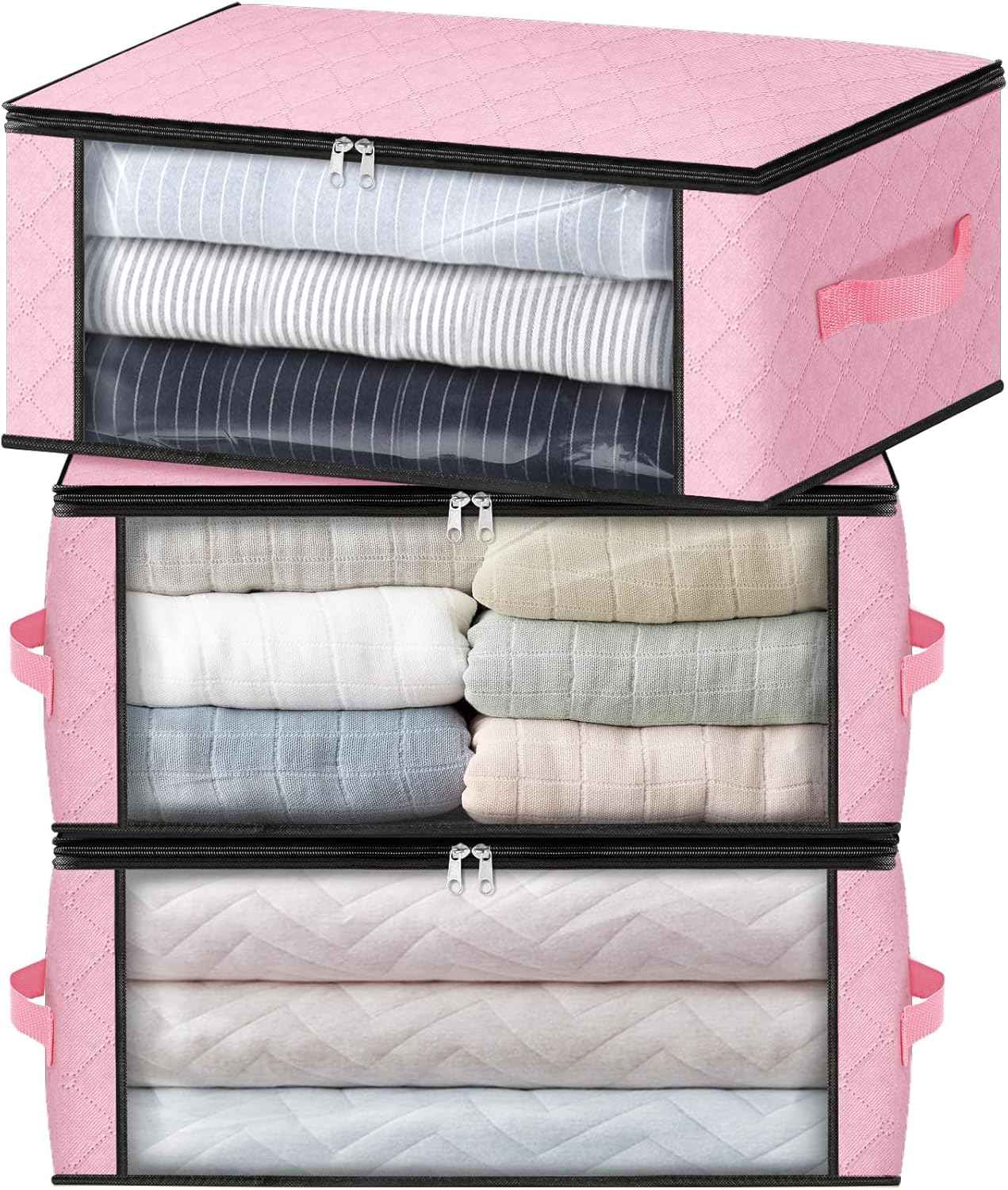 HomeHacks Storage 3-Pack Clothes Organizer Storage Bags Foldable Storage Box with Large Clear Window Sturdy Handles for Closet, Dorm, Pillows, Bedding, Clothes, Blankets, 35L, Gray