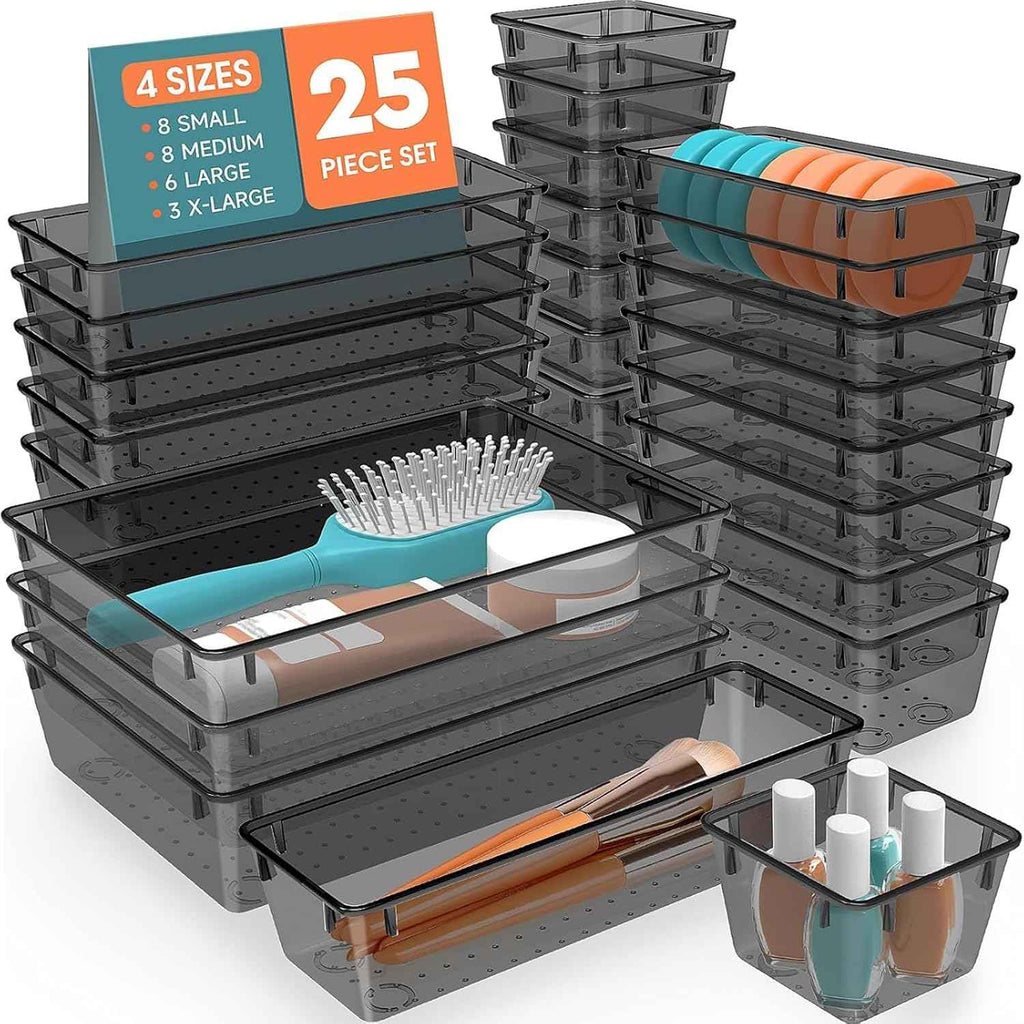 25 PCS Plastic Drawer Organizer Set with 4-Size Trays for Makeup, Jewelry, and Gadgets