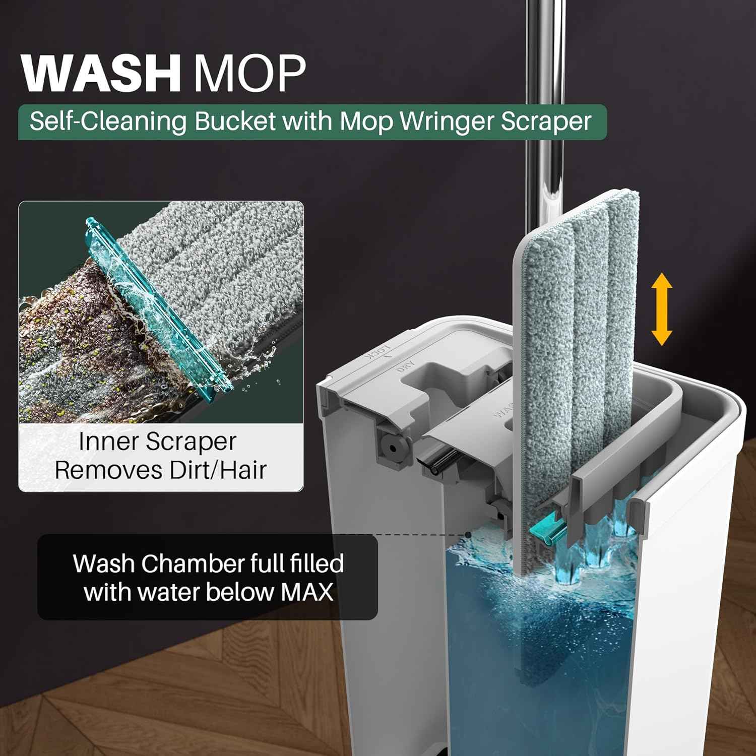 JOYMOOP Mop and Bucket Set with Wringer, Flat Mops for Floor Cleaning, Hardwood Floor Mop with 4 Microfiber Pads
