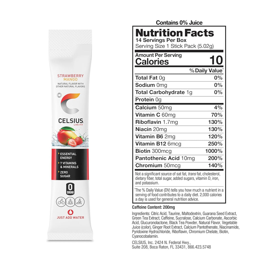 CELSIUS On The Go Strawberry Mango, Sugar Free Energy Drink Mix (14 Sticks per Pack)