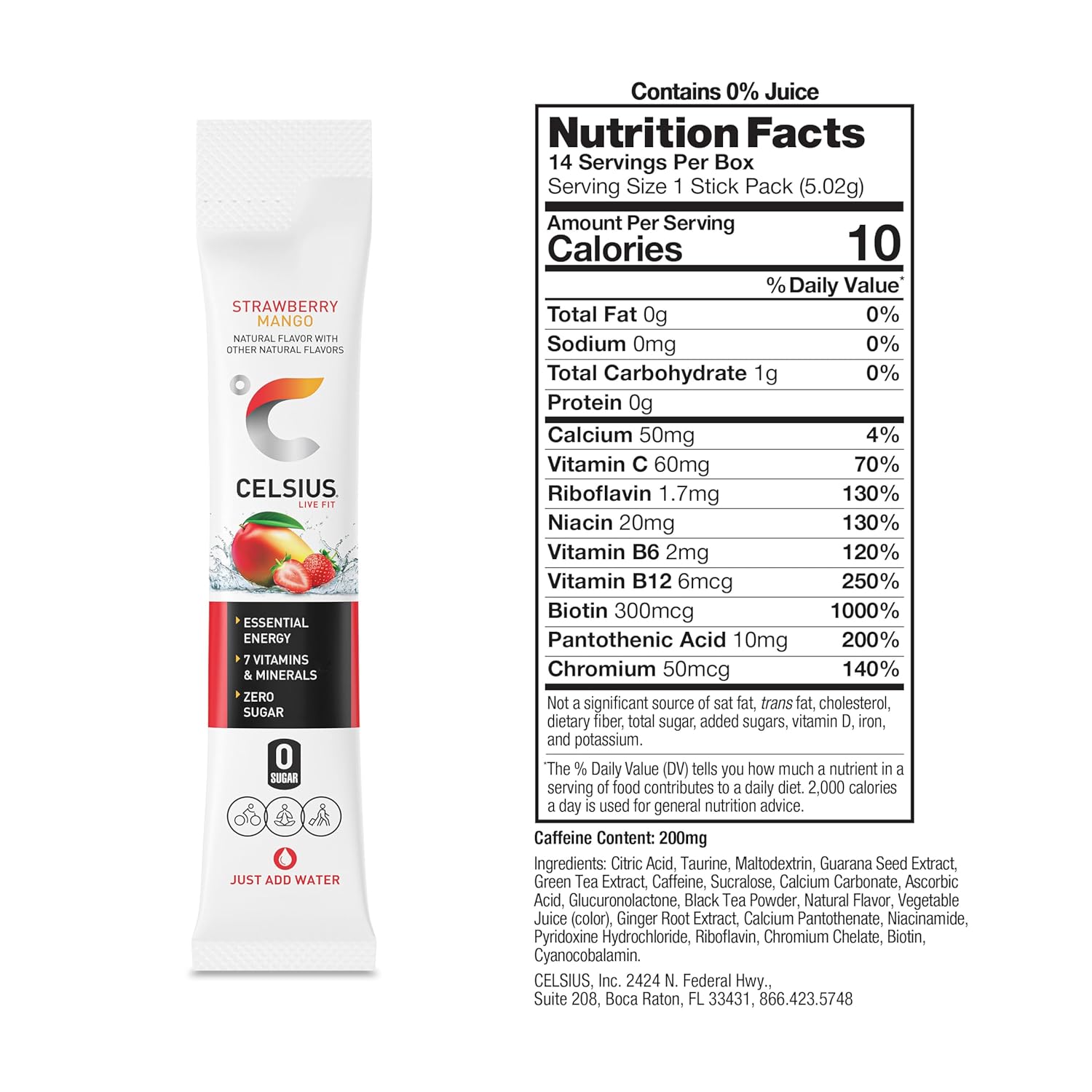 CELSIUS On The Go Strawberry Mango, Sugar Free Energy Drink Mix (14 Sticks per Pack)