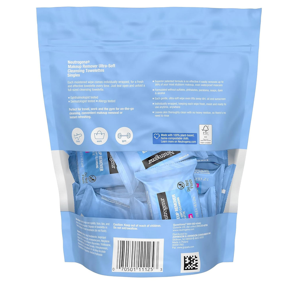 Neutrogena daily makeup remover wipes, 20 count, single face cleansing towelettes, alcohol-free, 100% plant-based