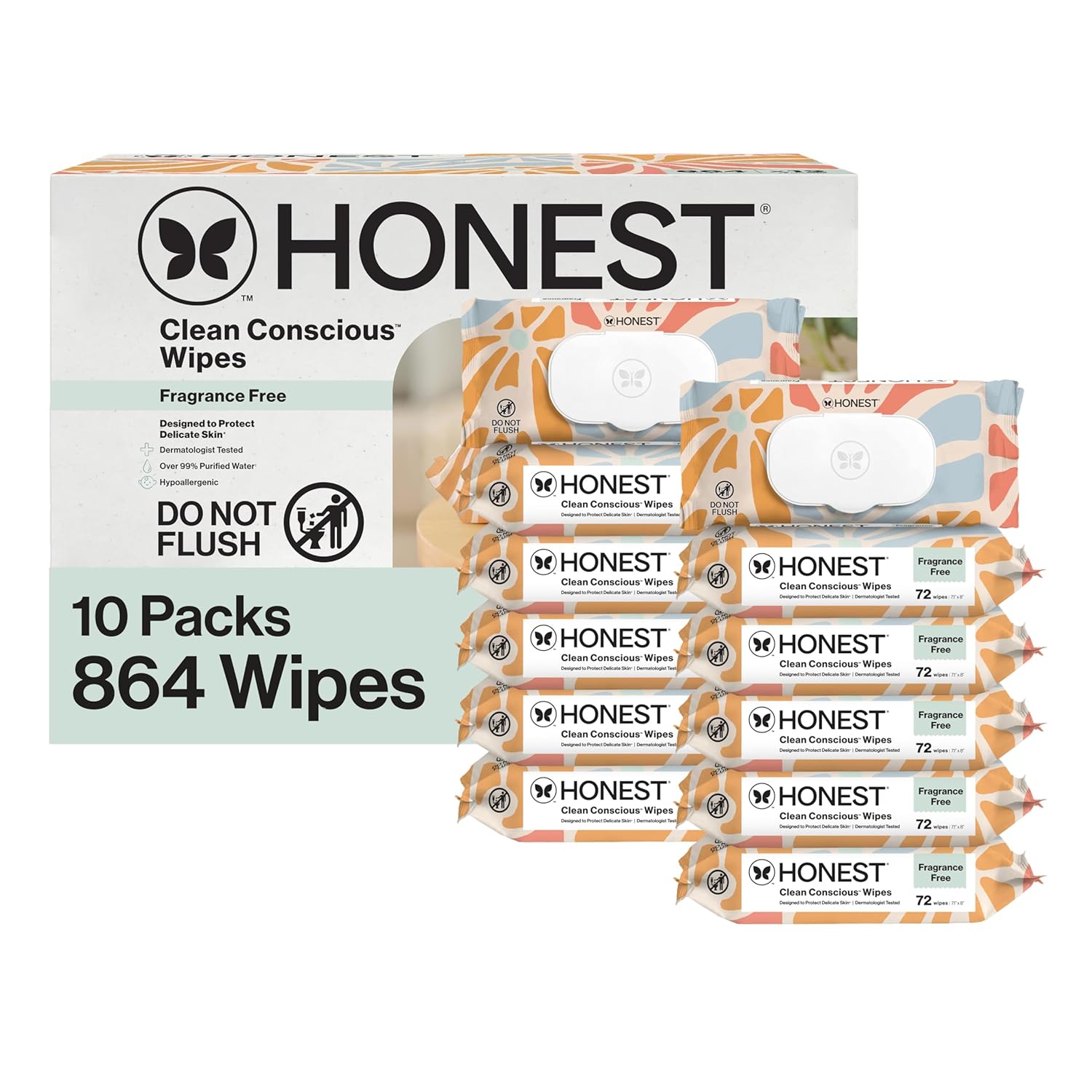 Honest Company Hypoallergenic Baby Wipes for Sensitive Skin, Fragrance-Free, 576 Count (6 Packs of 96)