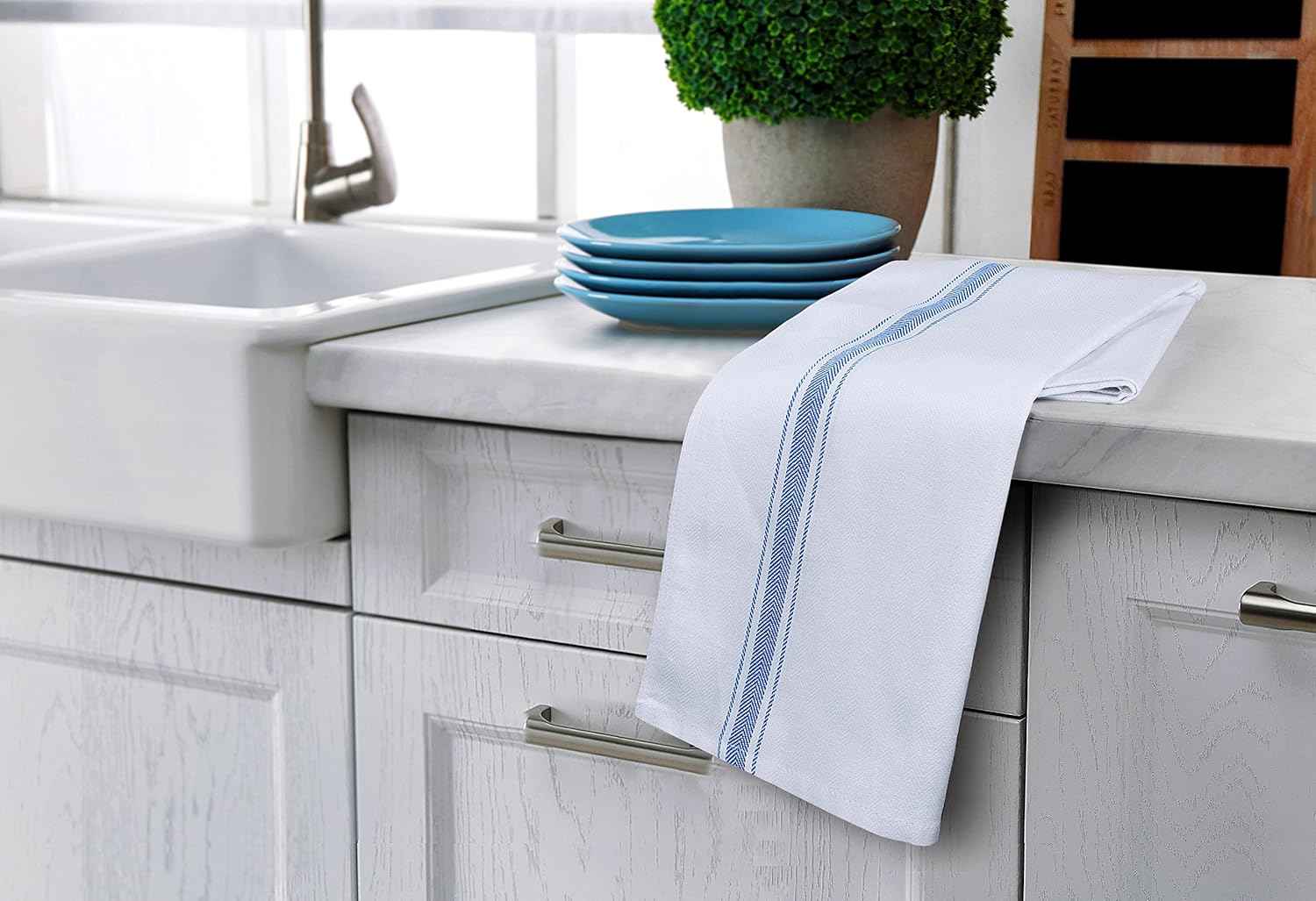 Utopia Towels 12 Pack Blue Dish Towels 100% Ring Spun Cotton Highly Absorbent Reusable Cleaning Bar