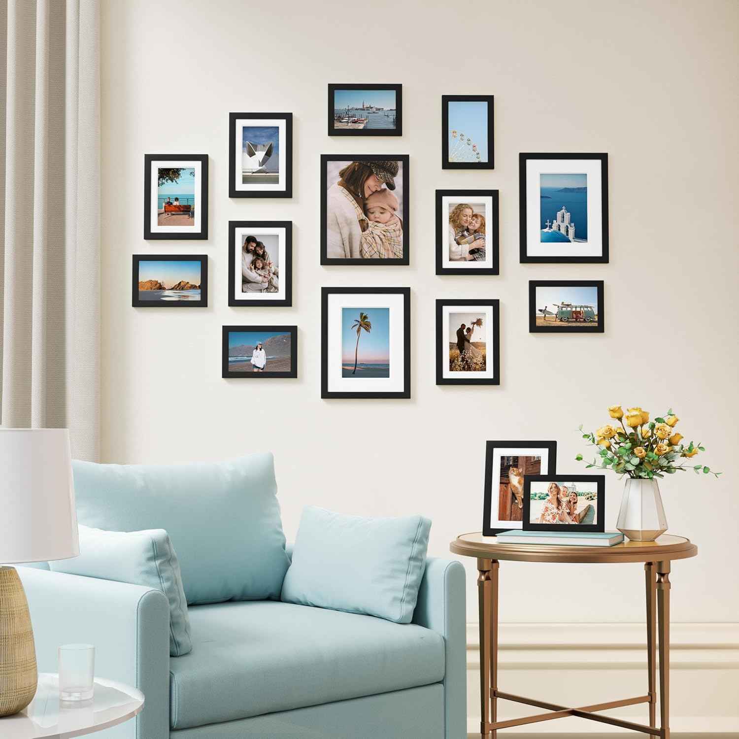 Vittanly 15 Pack Picture Frames Collage Wall Decor for Mounting or Tabletop Display, Gallery Frame Set for Family, Multi Sizes Including 3pcs 8x10, 6pcs 5x7, 6pcs 4x6, Black