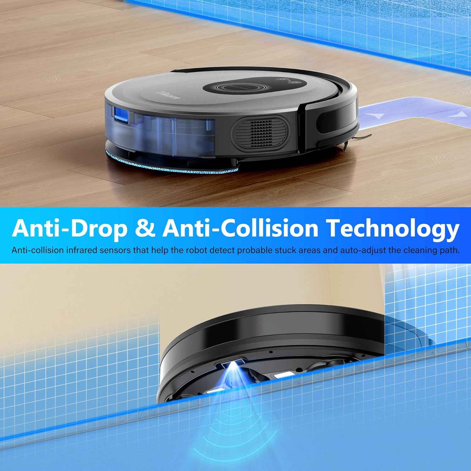 tikom robot vacuum and mop combo, 5000pa robotic vacuum cleaner, 150 min max, app & remote control, ideal for hard floor, carpet, pet hair, self-charge
