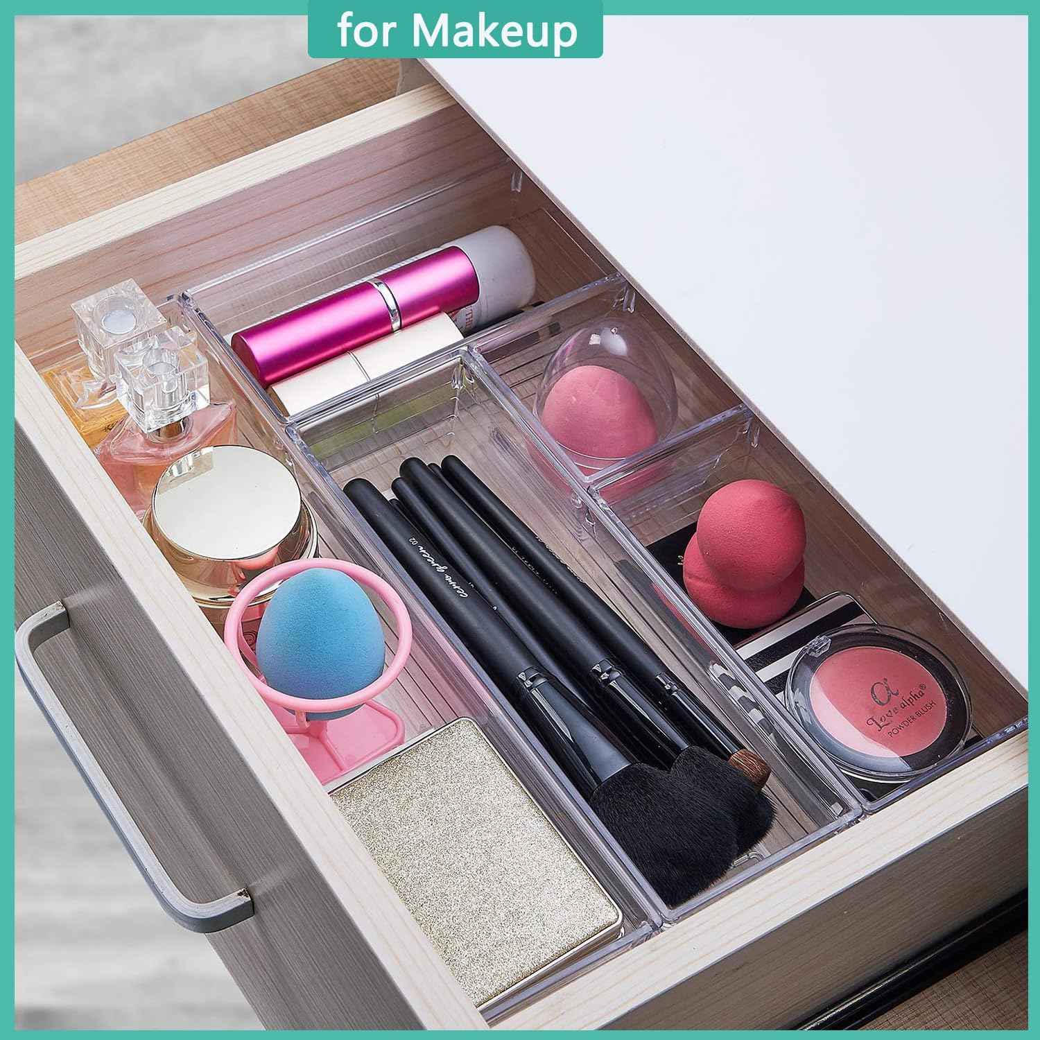 DCA 6 Pack Clear Acrylic Drawer Organizer Trays for Makeup Cosmetics Utensils Office Storage Bins