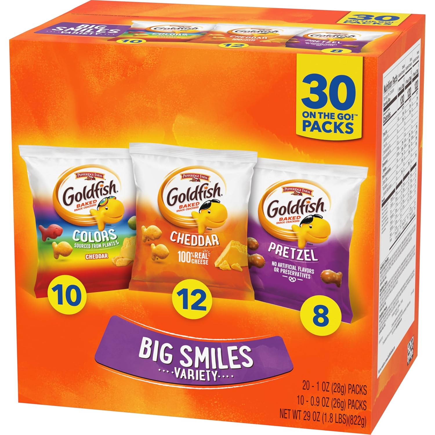 Goldfish Big Smiles Variety Pack: Cheddar, Colors, Pretzels, Snack Packs, 30 Count, Perfect for After-School Snacking