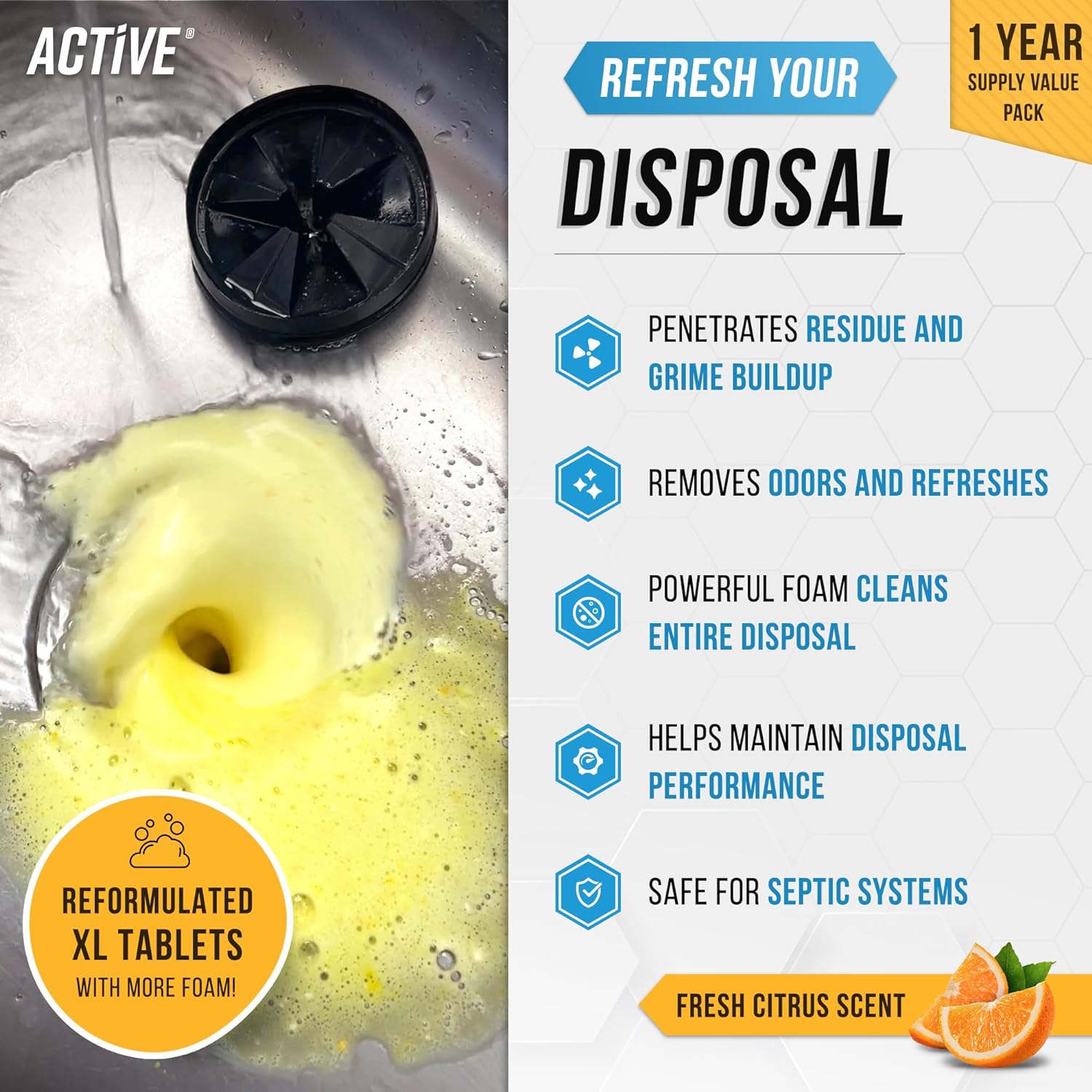 Garbage Disposal Cleaner Deodorizer Tablets - 24 Pack, New Powerful XL Foaming Tablet - Fresh Citrus Foam Sink Garburator Disposer Freshener, Natural Kitchen Drain Cleaning Care - 1 Year Supply - ShopUS