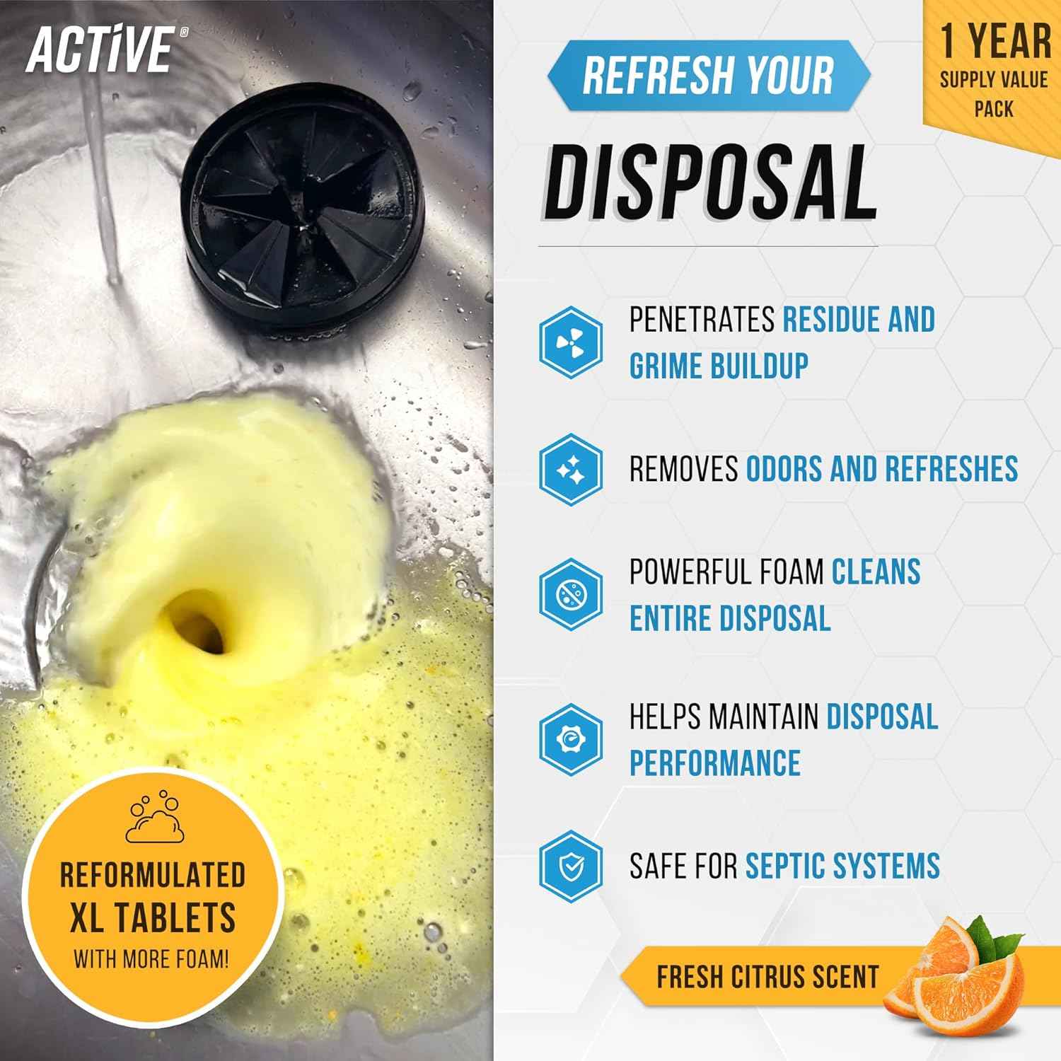 Garbage disposal cleaner tablets, foaming citrus fresh, 24-pack, odor-causing residue removal, weekly maintenance