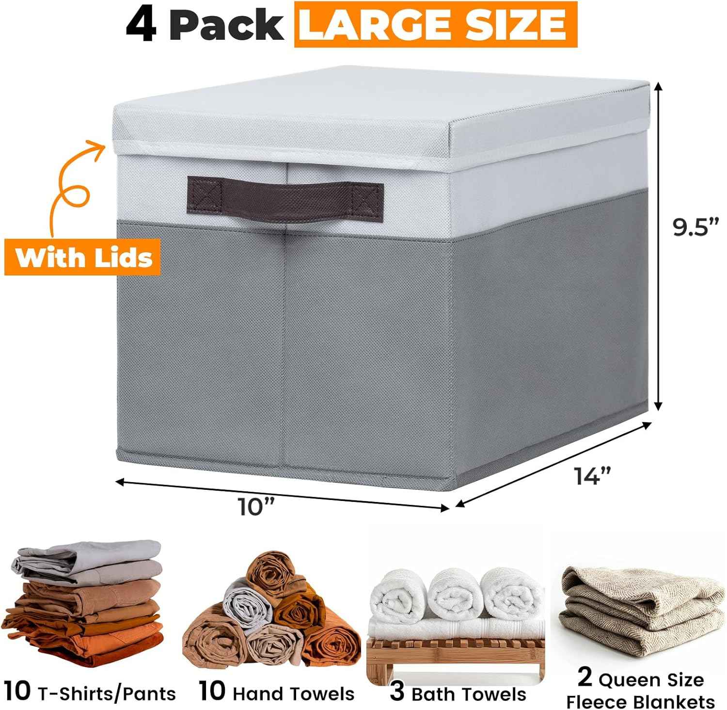Large Closet Storage Baskets Bins with Lids - 4 Pack, Organizing Shelves, Nursery, Bedroom, Home, Dorm, Stackable Cubes for Clothes, Toys, Blankets, Books