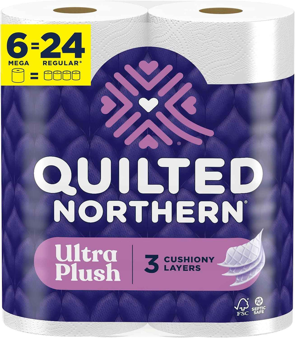 Quilted Northern Ultra Plush 3X Thicker 3X Absorbent 3 Ply Soft Toilet Tissue, 6 Mega Rolls, 24 Regular Rolls