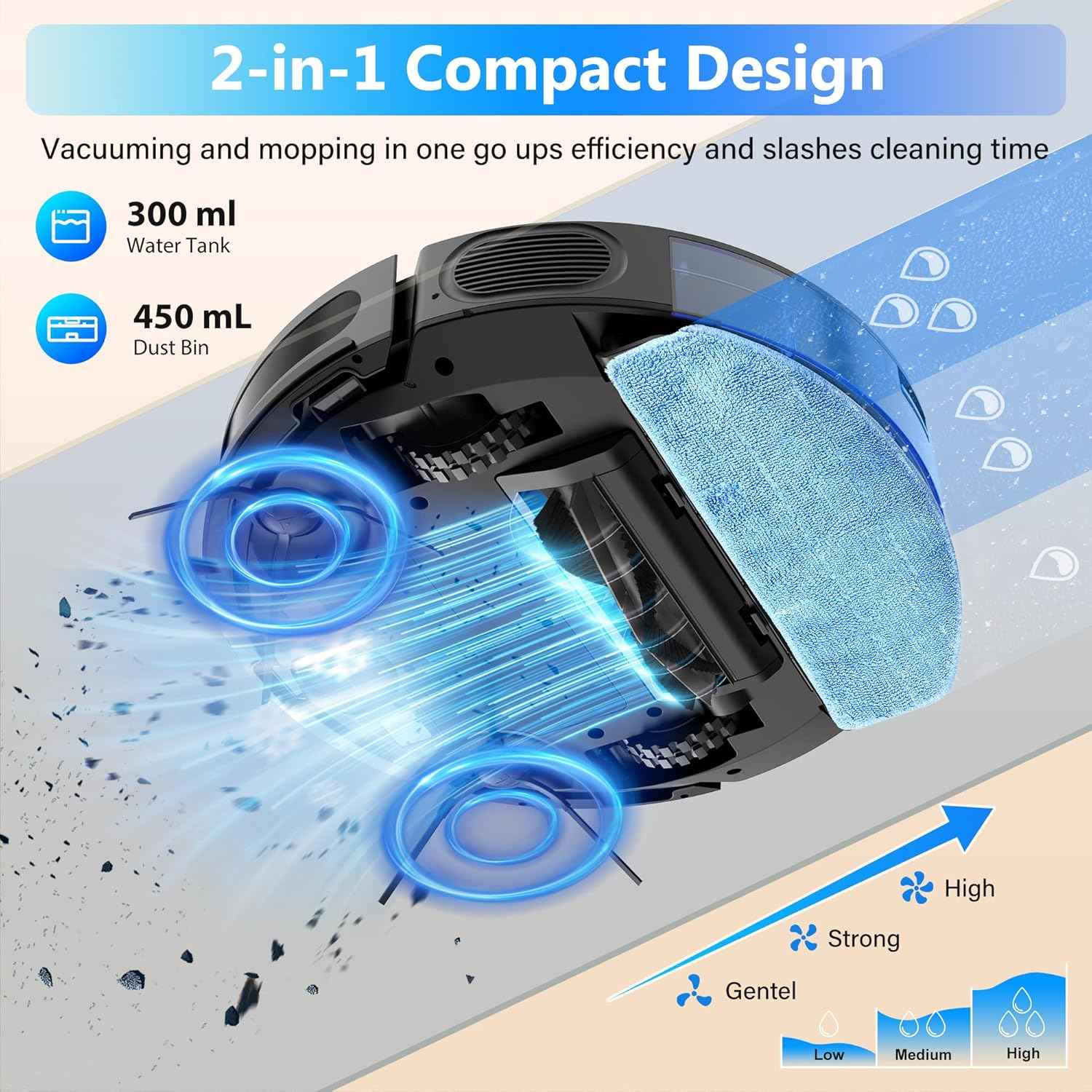 tikom robot vacuum and mop combo, 5000pa robotic vacuum cleaner, 150 min max, app & remote control, ideal for hard floor, carpet, pet hair, self-charge