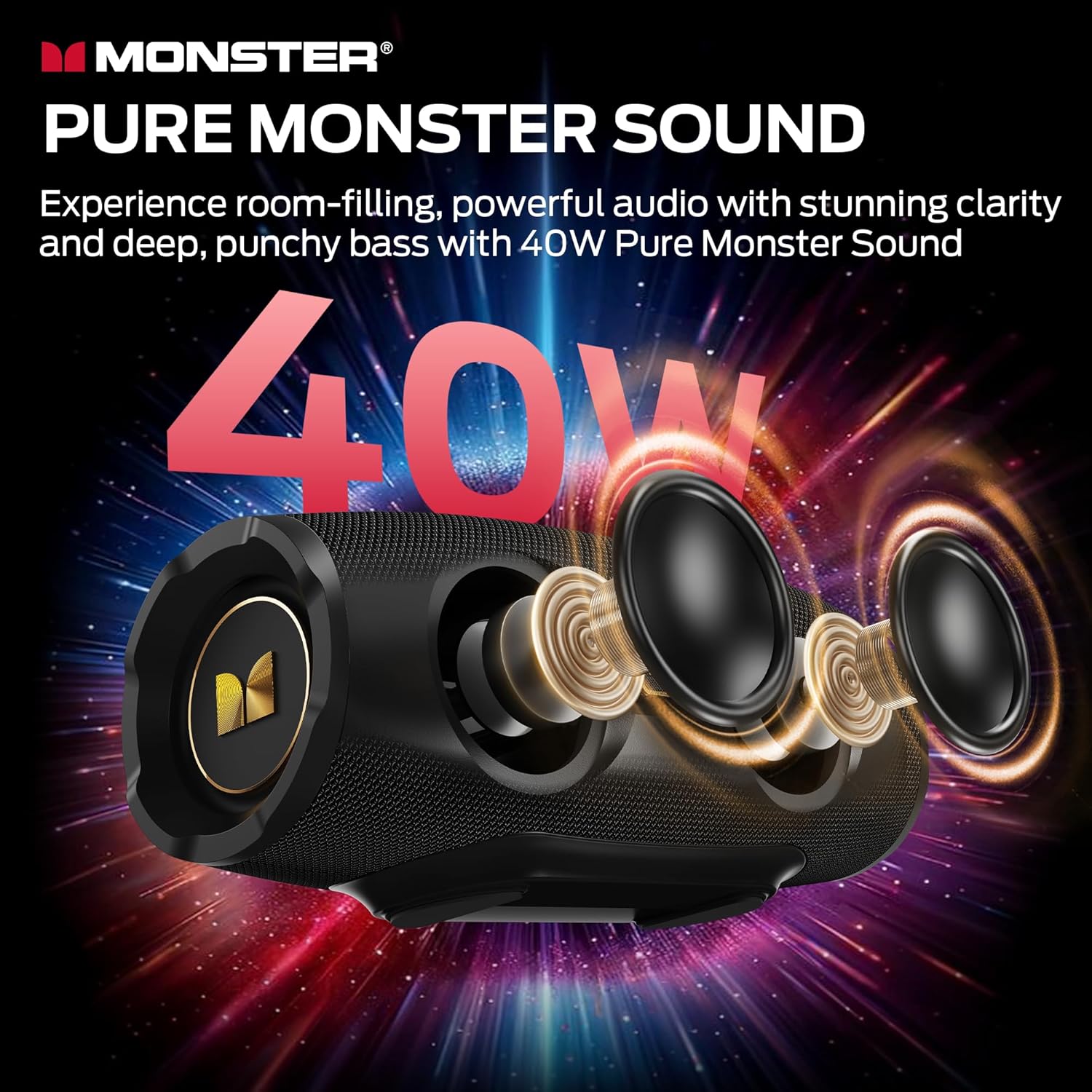 Monster S380 Bluetooth Speaker, Portable Speaker with 40W Stereo Sound, Bluetooth 6.0, 20H Playtime, IPX6 Waterproof, TWS Pairing, Support AUX/TF Card, Wireless Speaker for Party, Travel, Outdoor