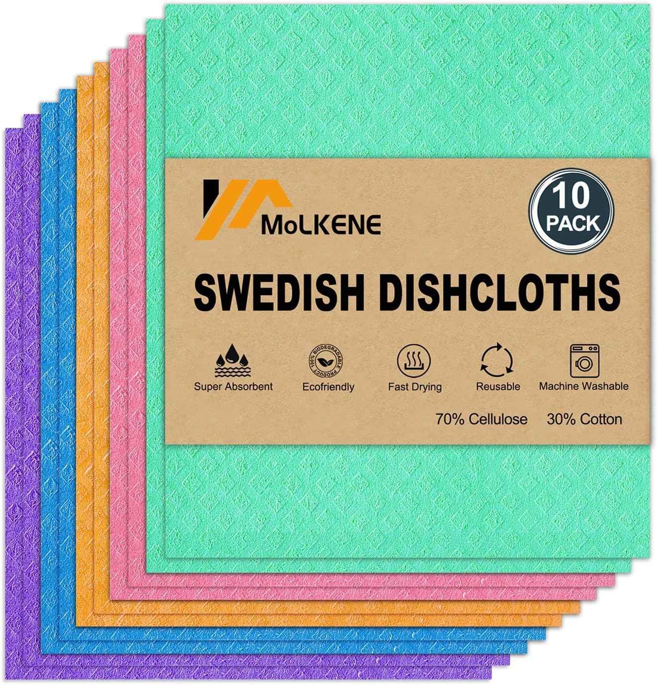Swedish Dish Cloths - 10 Pack Reusable Kitchen Dishcloths - Ultra Absorbent Dish Towels for Washing Dishes - Cellulose Sponge Cloth Cleaning Rag - Assorted