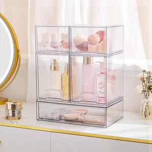Vtopmart Stackable Storage Drawers Set of 5 - Clear Plastic Organizer Bins for Baby Bottle, Beauty Supplies, Kitchen, Bathroom, Cabinet, Pantry