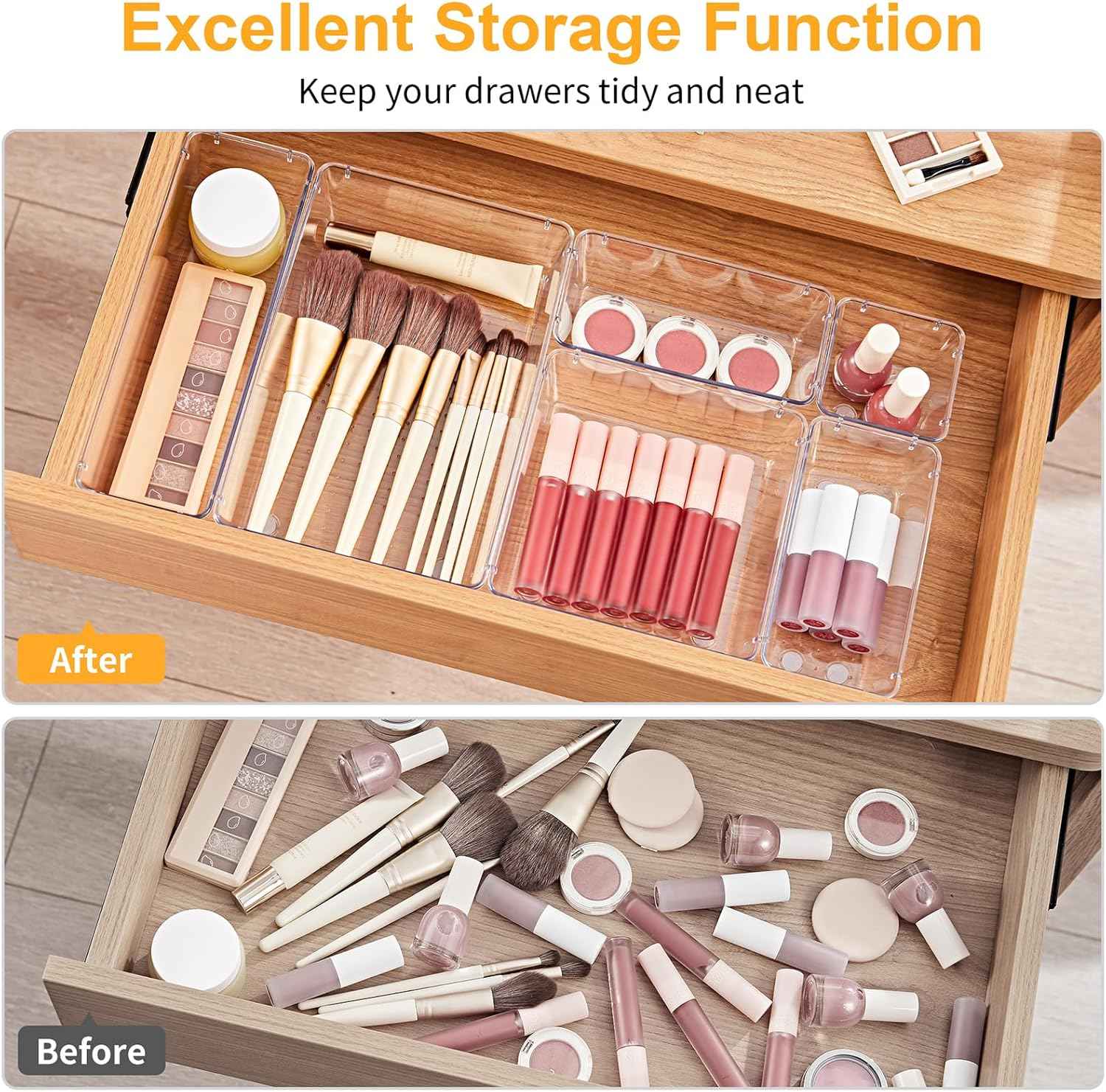 smartake 13-piece clear drawer organizers with non-slip silicone pads, 5-size desk bathroom organizer trays for makeup, jewelries, utensils storage in bedroom dresser, office and kitchen