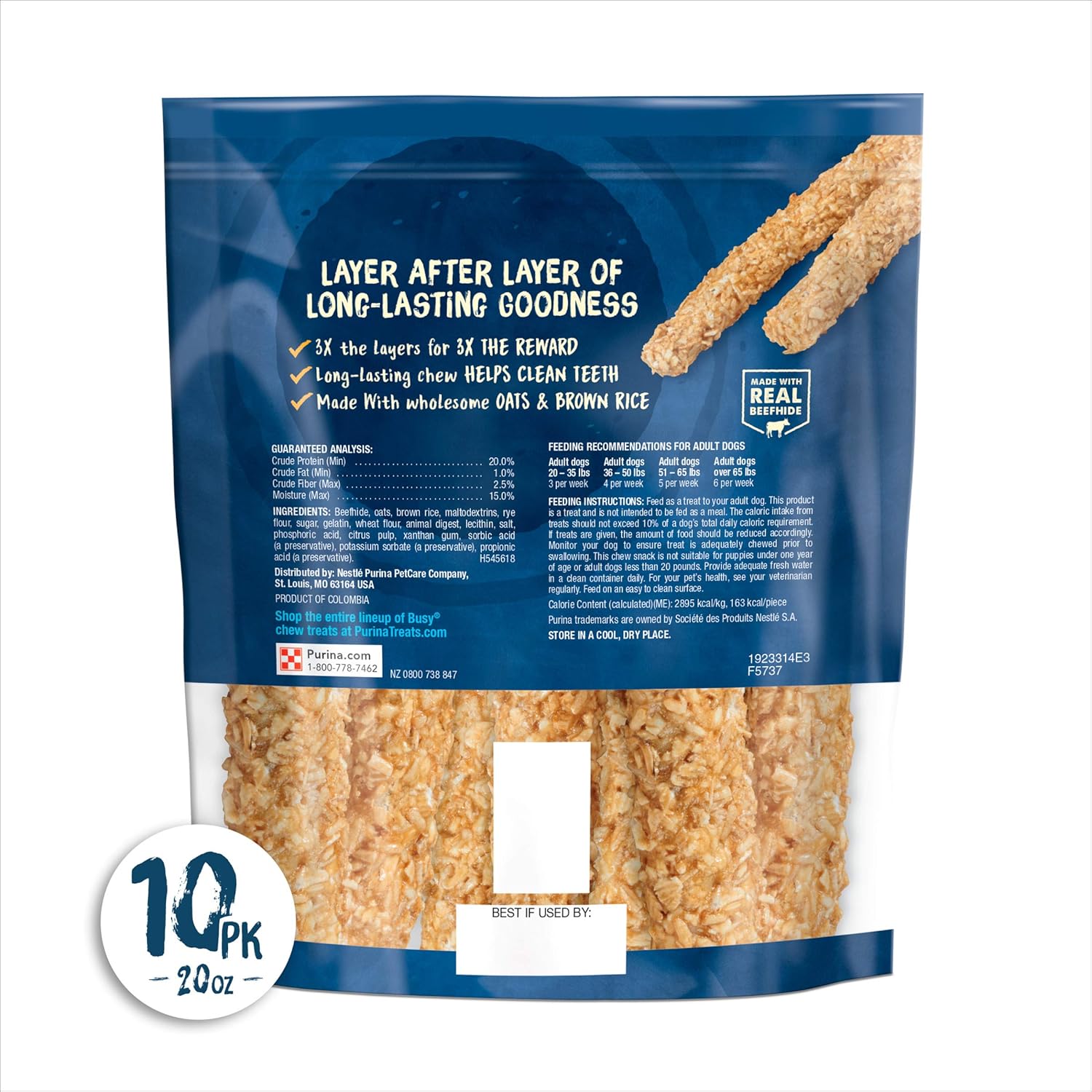 Purina Busy Rawhide dog bones for small/medium breeds, 10-count 20 oz. pouch with oats & brown rice