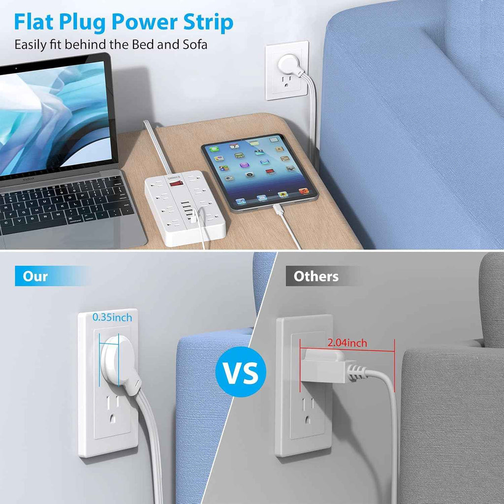 power strip with usb surge protector flat plug 8 outlets 6 usb ports 5ft extension cord wall mountable