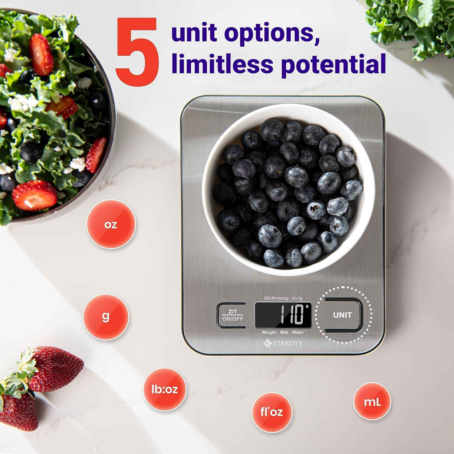 Etekcity digital kitchen scale, medium, 304 stainless steel, 11lb capacity, LCD display, grams and ounces