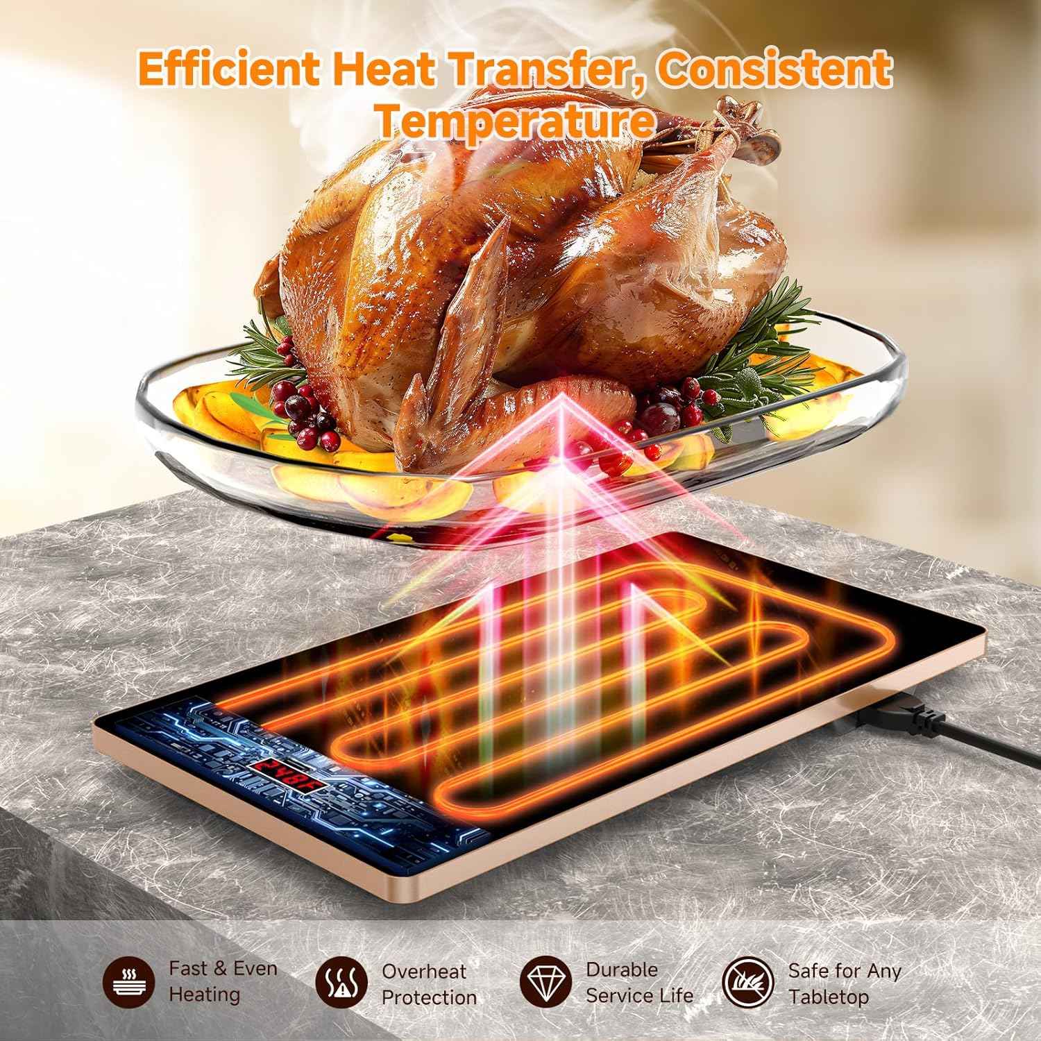 Fepppo Electric Warming Tray with 10 Temp Settings and Timer, 33"x15" Glass Surface