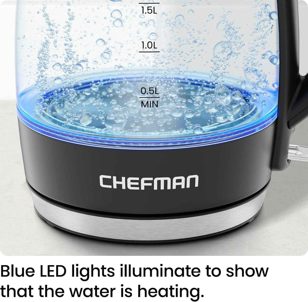 Chefman 1.8L 1500W Electric Kettle with Stainless Steel Filter and Borosilicate Glass