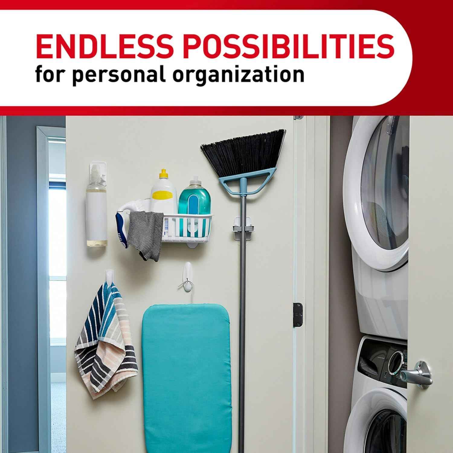 command damage-free broom and mop hangers, 2 hangers and 4 strips, wall mount household cleaning organizer