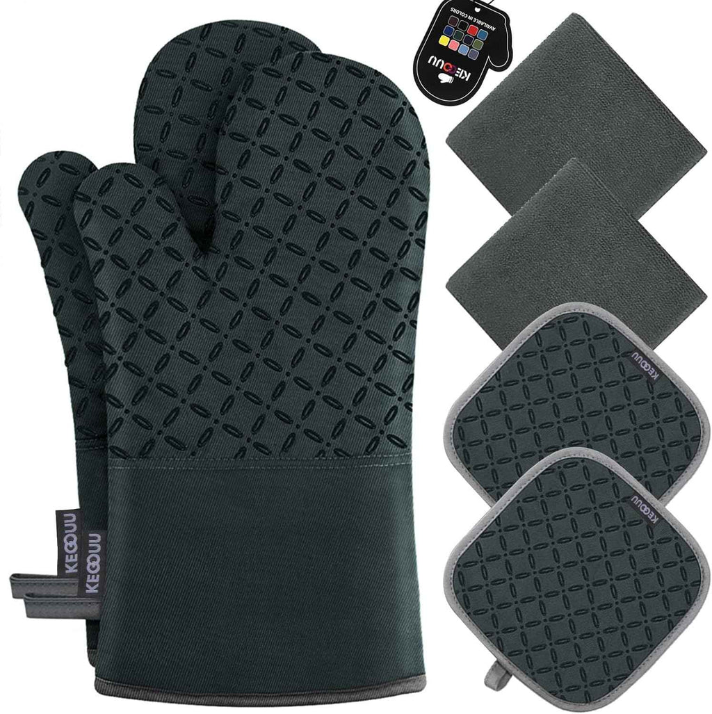 KEGOUU Oven Mitts and Pot Holders 6pcs Set, Kitchen Oven Glove High Heat Resistant 500 Degree Extra Long Oven Mitts and Potholder with Non-Slip Silicone Surface for Cooking (Grey)