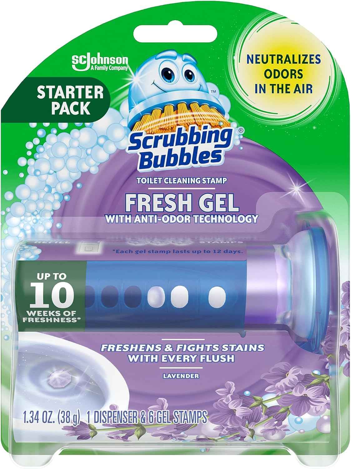 Scrubbing Bubbles Fresh Gel Toilet Bowl Cleaning Stamps, Lavender Scent, Helps Prevent Limescale & Rings, 1 Dispenser with 6 Fresh Gel Stamps