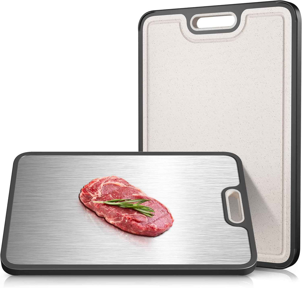 Double Sided 304 Stainless Steel & Wheat Straw Cutting Board, 14.4"*9.8" Non Toxic Chopping Board, Separately Handle Meat and Vegetables, Dishwasher Safe, Scratch Resistant Mesh Design
