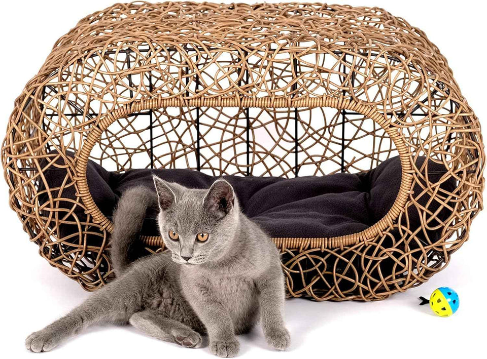 d+ garden cat hideaway house for indoor cats, faux rattan cat bed with top/side entry and enclosed space, 24.5 x 13.3 x 13.8 inches, pet friendly