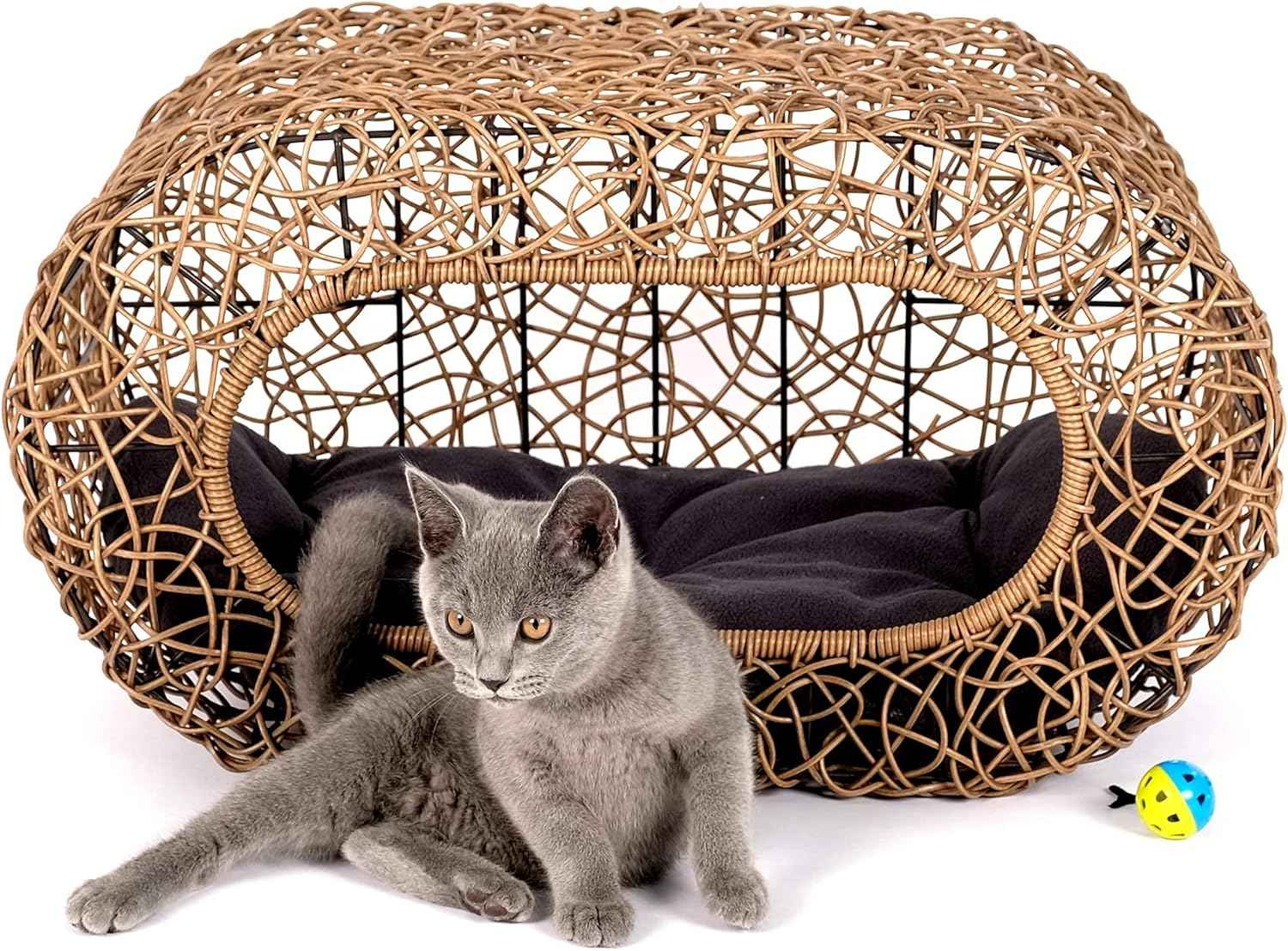 d+ garden cat hideaway house for indoor cats, faux rattan cat bed with top/side entry and enclosed space, 24.5 x 13.3 x 13.8 inches, pet friendly