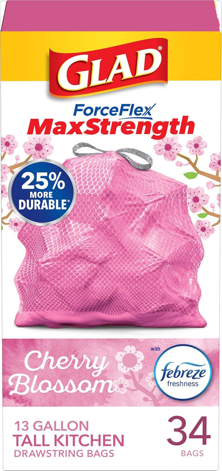 Glad Tall Kitchen Trash Bags 13 Gallon, MaxStrength Cherry Blossom Garbage Bags, Drawstring, 90 Count - ShopUS
