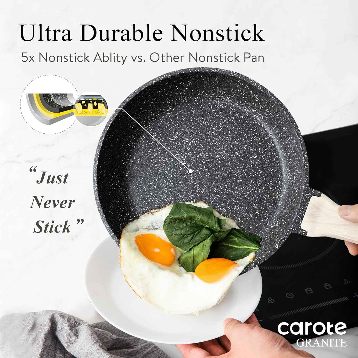 CAROTE Non-Stick Frying Pan Skillet with Glass Lid, PFOA-Free, 10-Inch Classic Granite