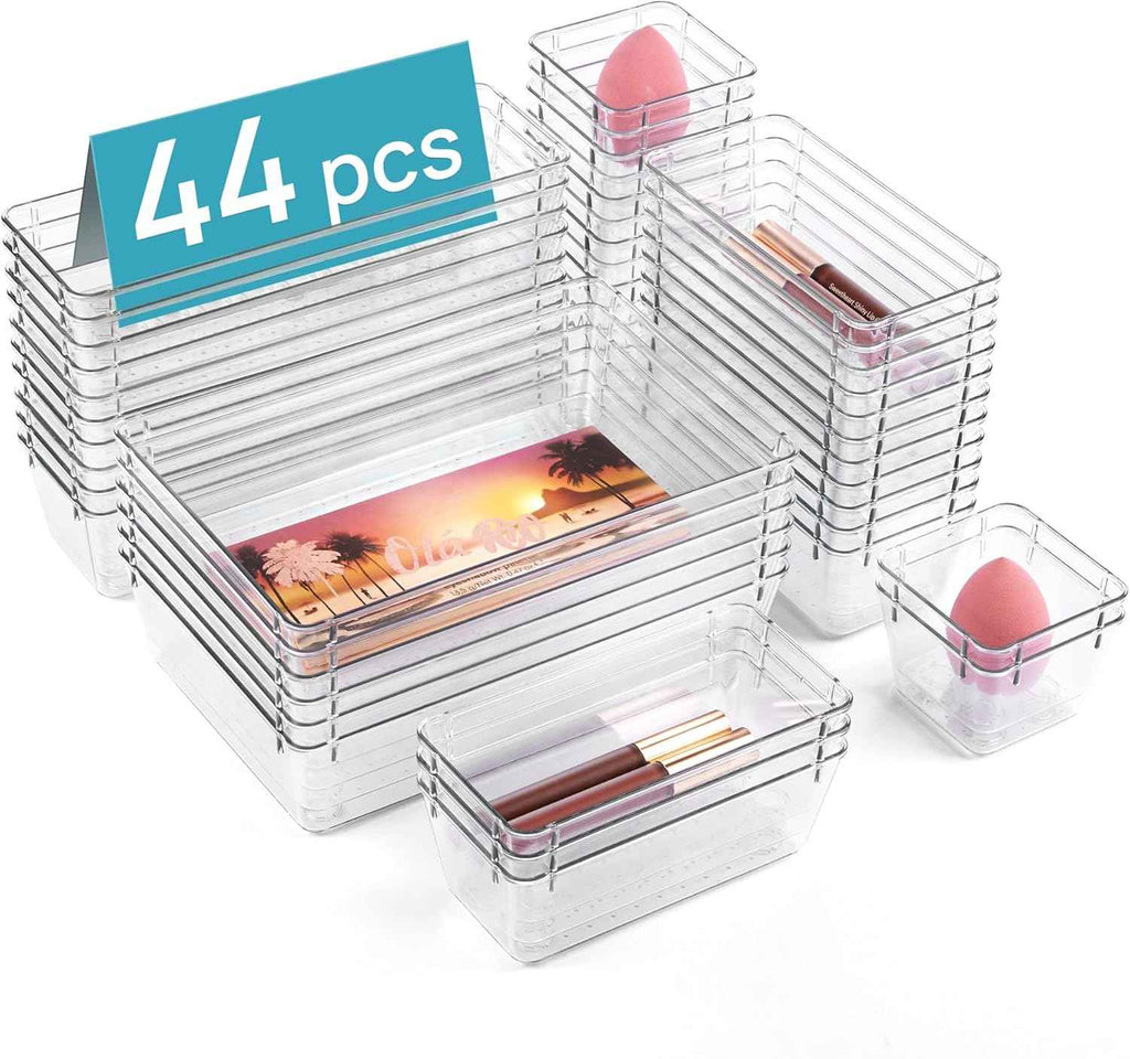 Vtopmart 44-Piece Clear Plastic Drawer Organizers, Versatile Storage Trays for Bathroom, Vanity, Bedroom, Kitchen
