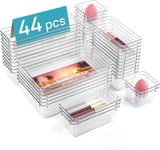 Vtopmart 44 PCS Clear Plastic Drawer Organizers Set, 4-Size Versatile Bathroom and Vanity Organizer Trays, Non-Slip Storage Containers for Makeup, Jewelries, Bedroom，Kitchen Utensils and Office