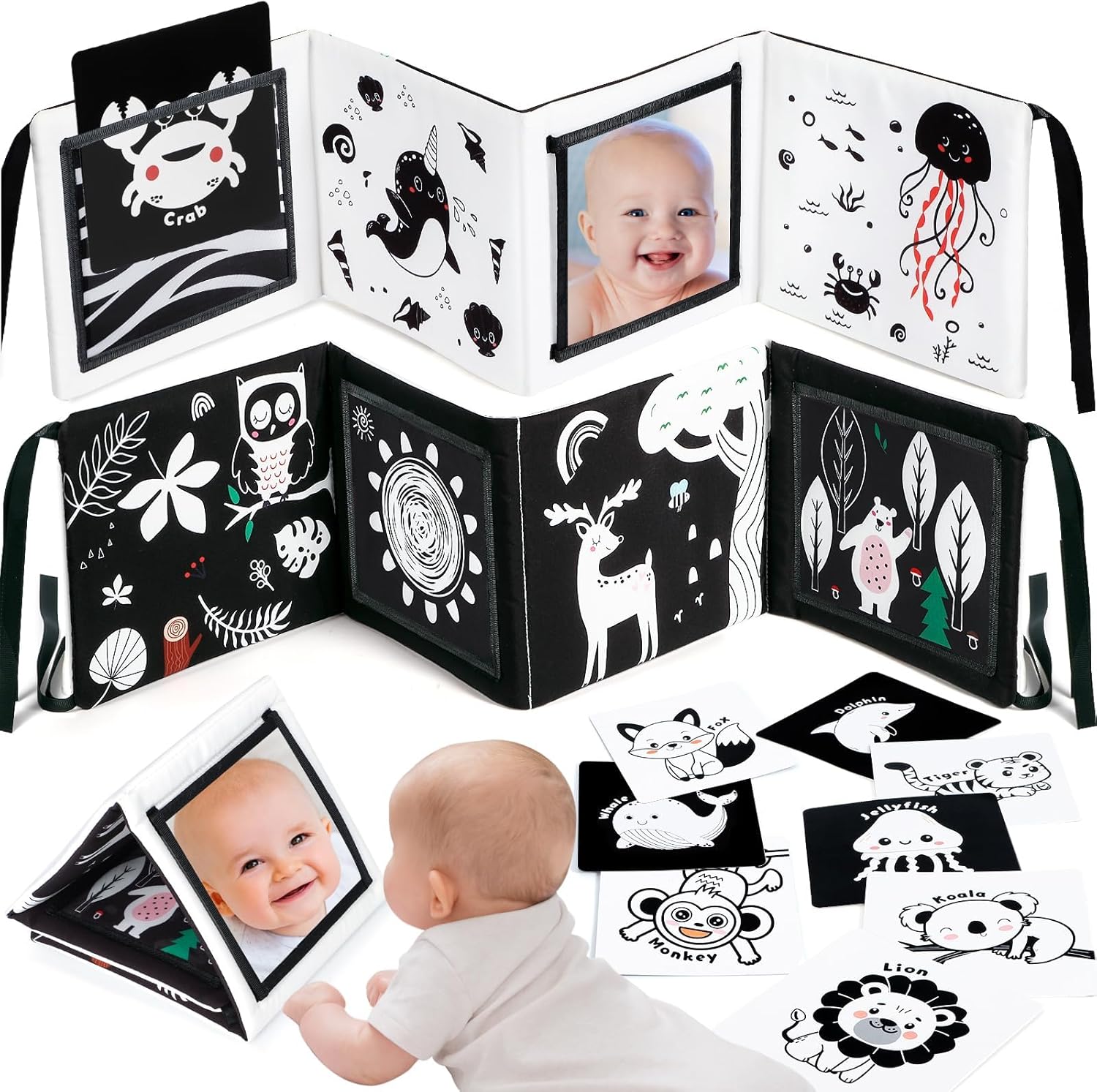 urmywo black and white baby toy, tummy time high contrast newborn toys 0-3 months, soft baby book